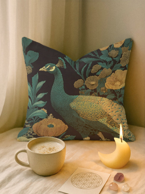 Elegant peacock woven pillow featuring detailed turquoise and teal peacock surrounded by vintage botanical florals in golden amber and bronze tones against navy background, expertly crafted from cotton-polyester blend with fine weaving technique, measuring 17x18 inches, USA-made double-sided throw pillow perfect for bohemian home decor, living rooms, or nature-inspired interior design seeking sophisticated artistic accent pieces